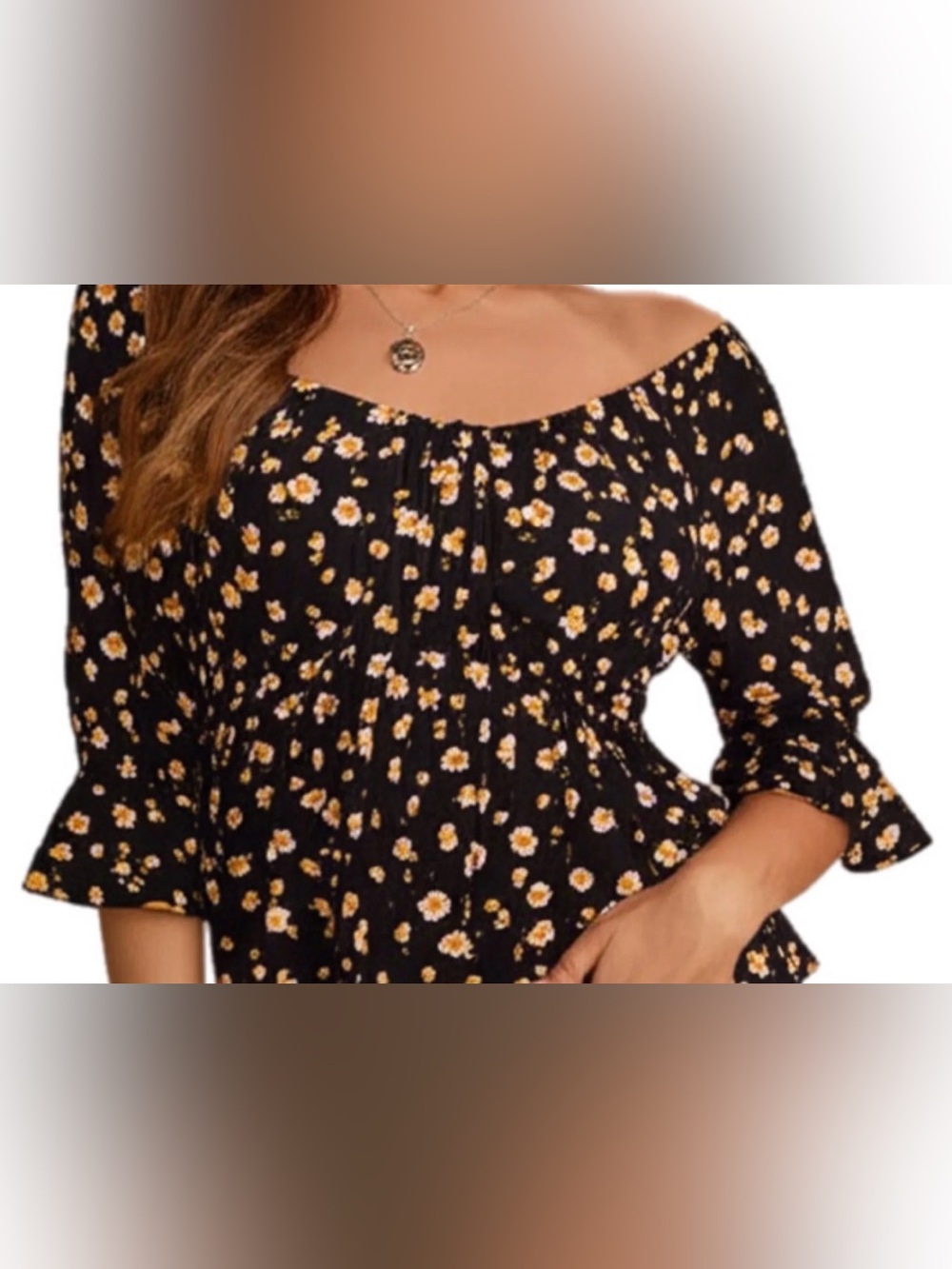 MASON & BELLE size XL BLACK Floral Off-Shoulder Blouse with YELLOW Daisy Print